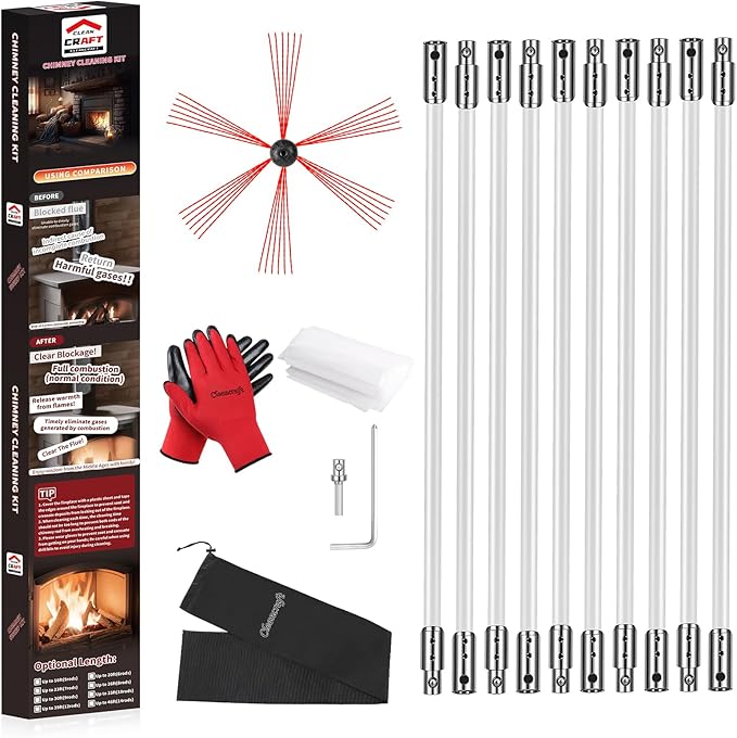 Chimney Sweep Kit - 33 Feet, Chimney Cleaning Tool with 10 Nylon Flexible Rods, Brush & Drill-Driven Rotary System