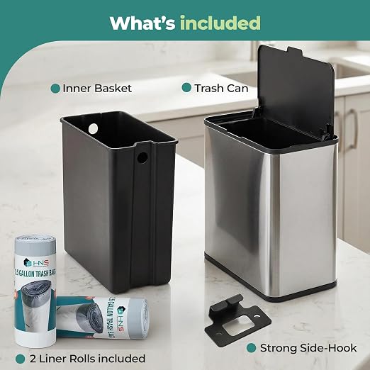 HOLDN’ STORAGE 6L Compost Bin Kitchen for Countertop, Hang-on Cabinet Door, Small Trash Can with Lid, Odor Control, Stainless Steel, Fingerprint-Resistant, for Bathroom, RV, Office