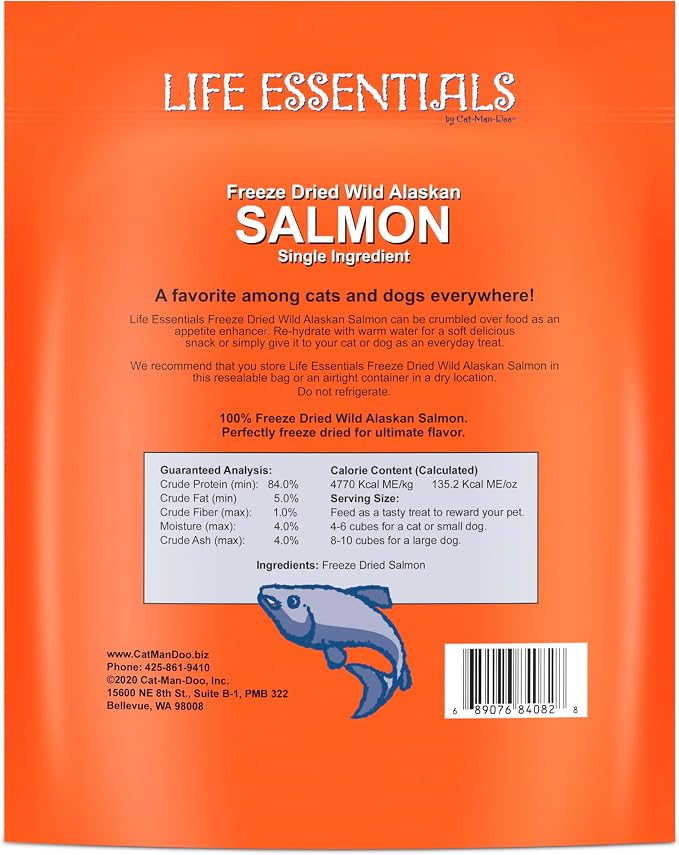 Life Essentials by Cat-Man-Doo | Freeze Dried Salmon Treats | 5oz Bag (2pk) | Freeze-Dried, Premium Wild Caught Salmon, Healthy, Single Ingredient, High Protein, Pet Treats, Food Topper for Cats & Dogs