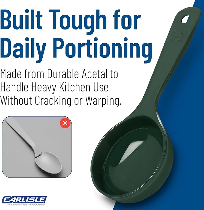 Carlisle FoodService Products 8.25" 4 Ounce Solid Measuring Spoon – Portion Control – Flat Bottom spoon – Short Handle, Dishwasher Compatible, Forest Green, (Pack of 12)