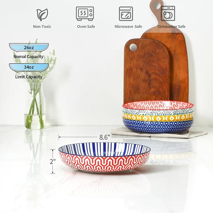 Selamica Ceramic Pasta Bowls Set of 4, 34 OZ Salad Bowls, 8.6 Inch Wide and Shallow Bowls, Microwave & Dishwasher Safe, Assorted Colors