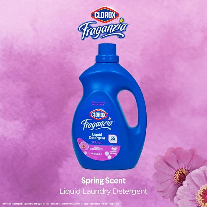 Clorox Fraganzia Liquid Laundry Detergent, Spring Scent - High Efficiency Formula for All Front and Top Load Washing Machines, Long-Lasting Fresh Fragrance, 65 Loads per Bottle, 100 Fl Oz