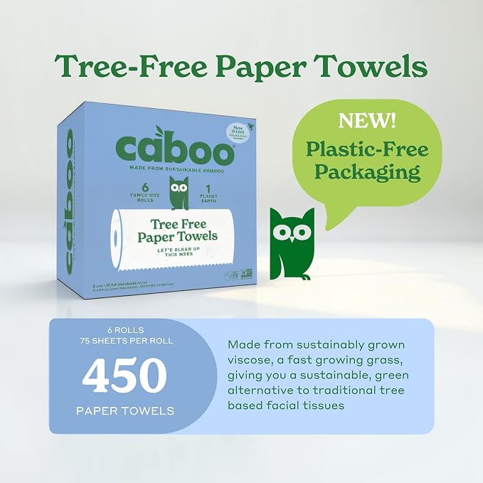 Caboo Tree Free Paper Towels, 6 Family Size Paper Towel Rolls, 2 Ply Sheets | Made with Bamboo Viscose, Plastic Free Packaging, Strong & Super Absorbant, Hypoallergenic, BPA & Chemical Free
