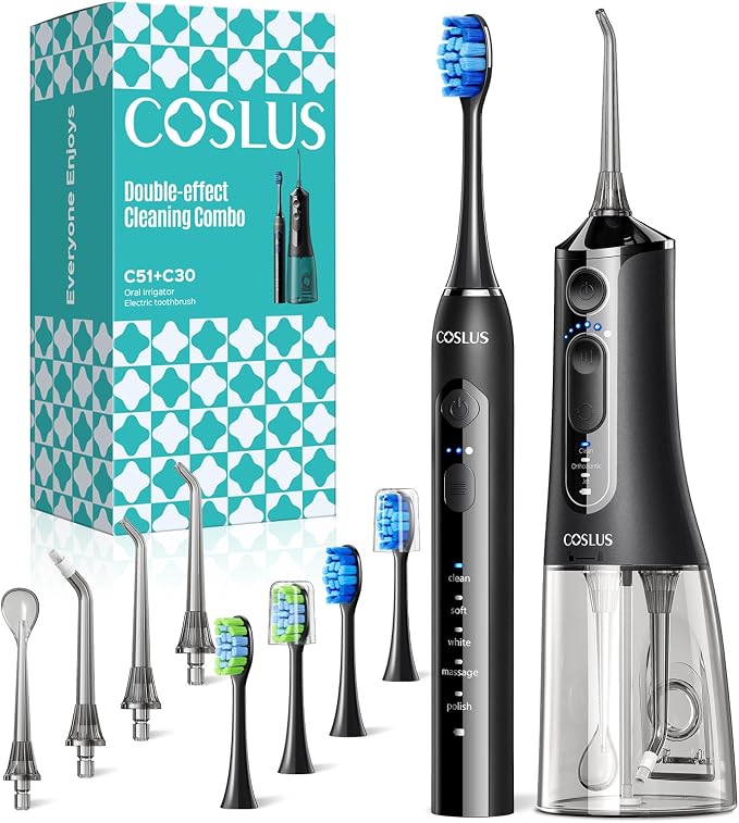 COSLUS C51C30 Water Flosser Electric Toothbrush Combo, 2-1 Oral Clean Kit | Portable Brushing & Flossing for Teeth & Braces Cleaning, Multiple Modes for Family Use, Cordless for Home & Travel, Black
