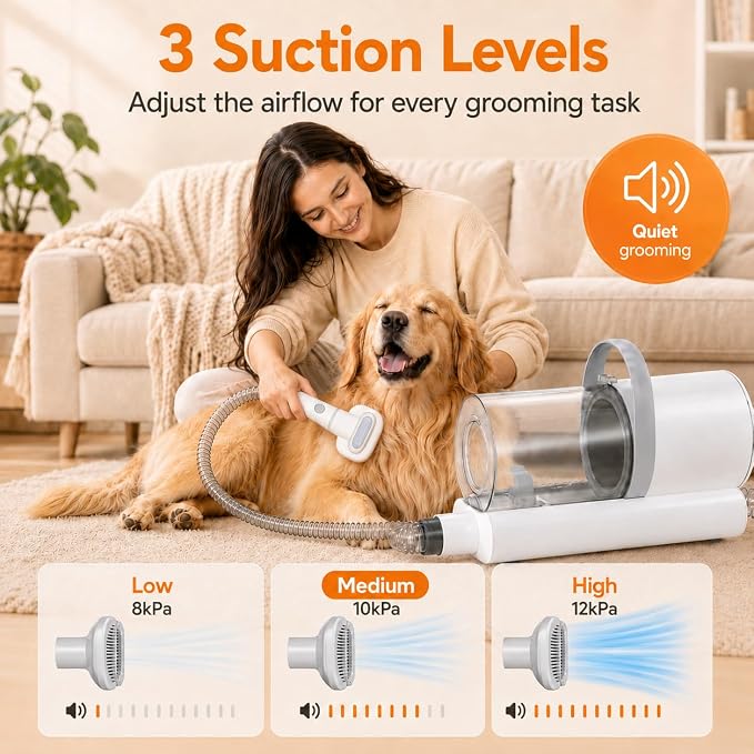 Dog Grooming Vacuum, 12000Pa Powerful with 1.5L Cup 7 in 1 Pet Electric Grooming Vacuum for with Hair Clipper & Shedding Brush, Low Noise, 3 Suction Levels for Thick Hair Cats & Dogs