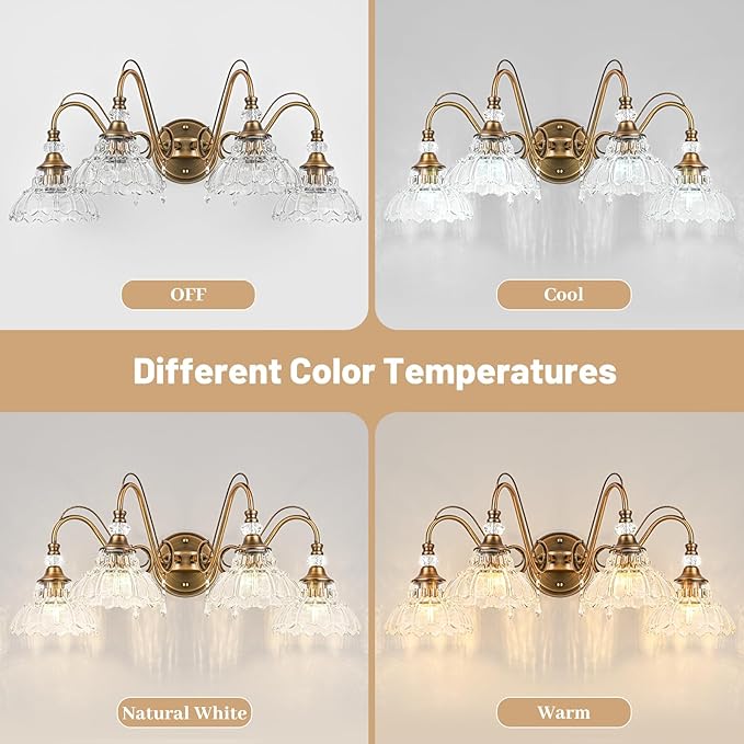 Vintage Bathroom Vanity Light, 4-Light Matte Antique Brass Finish Wall Sconce with Hanging Crystal Accents and Flower-Shaped Clear Glass Shades, Retro Wall Mount Vanity Light Over Mirror for Bathroom