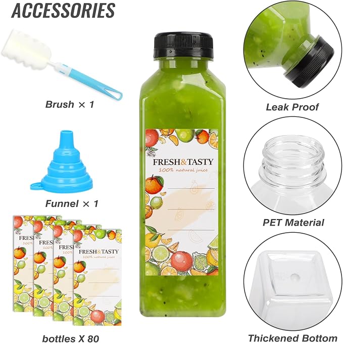 TOMNK 80pcs Juice Bottles, 16oz Reusable Plastic Juice Bottles with Caps and Labels, Funnel, Brush Beverage Containers for Juicing, Smoothies, Tea, Milk
