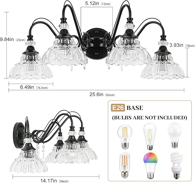 Black Bathroom Vanity Light, 4-Light Matte Black Finish Farmhouse Wall Sconce with Hanging Crystal Accents and Flower-Shaped Clear Glass Shades, Retro Wall Mount Vanity Light Over Mirror for Bathroom