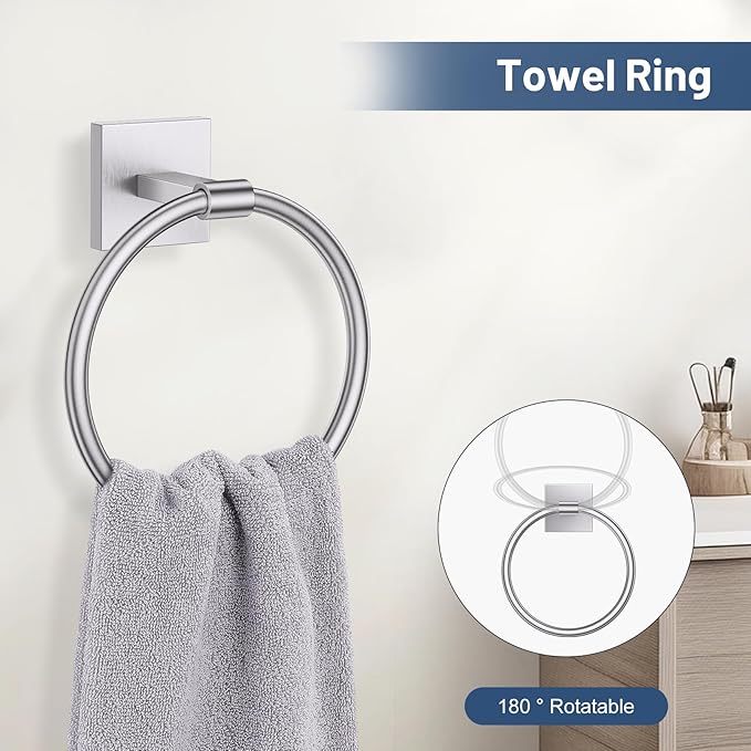 TURS Brushed Nickel 5 Piece Bathroom Hardware Accessories Set, SUS304 Stainless Steel Bath Towel Bar Set, 24 Inch Round Bathroom Accessories Kit Wall Mounted
