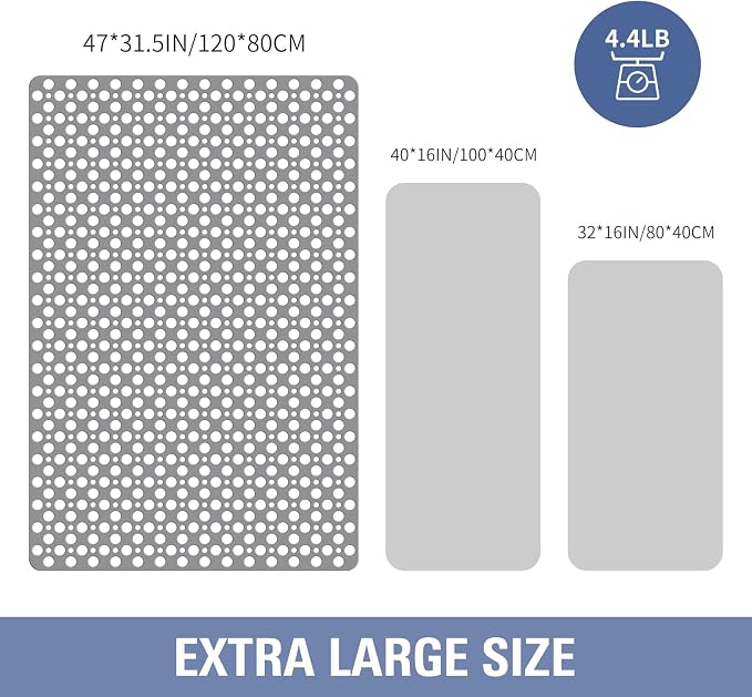 OTHWAY Large Shower Mat, 47"x 32" TPE Shower Mat Non Slip, Heavy Shower Floor Mat with Drain Holes and Suction Cups, No Odor Shower Mats for Inside Shower for Elderly Bathroom(D-Grey)