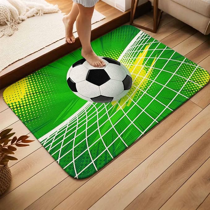Green Football Bathroom Rugs Non Slip Washable Bath Mat Absorbent Low Pile Front Door Mat Soccer Ball Goal Net Vibrant Indoor Doormat for Kitchen Entryway Shower Decor Accessories 19.7"x31.5"
