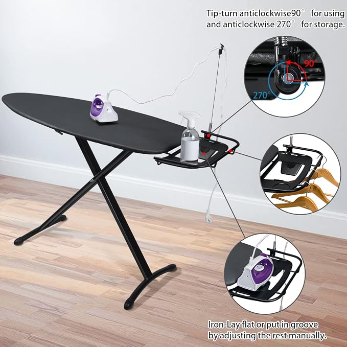 Duwee 18"x48" Deluxe Ironing Board with Retractable Iron Rest | Extra Wide Ironing Board,Heat Resistant Cover and Thicken Padding,Thicken Steel Top Board,with sleeve board,Adjustable Height
