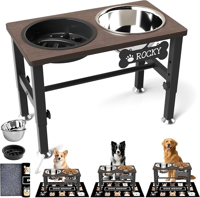 SHAINFUN Elevated Dog Bowls with Slow Feeder & Mat for Medium Large Dogs, Adjustable Height, Raised Dog Bowl Stand with 2 Stainless Steel 58oz Bowls, Tall Dogs Food Water Bowl Wooden & Metal Holder