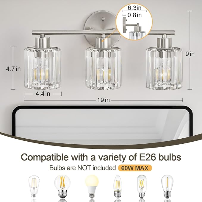 Crystal Bathroom Light Fixtures, Bathroom Lighting Fixtures Over Mirror, Modern 3-Light Brushed Nickel Vanity Lights for Mirror, Restroom, Kitchen(Ceramic E26 Socket,Bulbs Not Include)