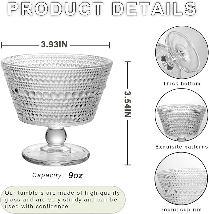 Glass Dessert Bowls Breakfast Cups,Dessert cups Set of 4, 9oz Glass Ice Cream Sundae Cups，Glass Dessert Bowls, For oats，Ice Cream, Milk, Sorbet, Yogurt (4PCS), Transparent, D-1059