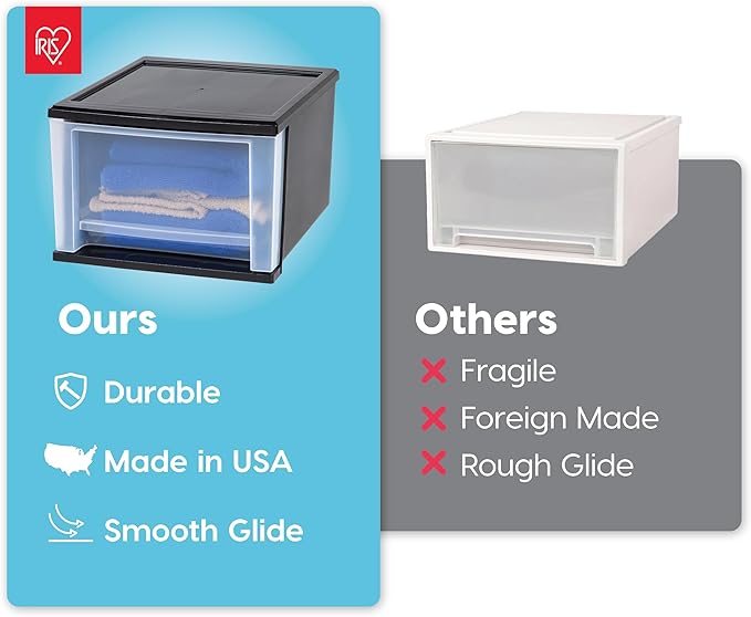 IRIS USA 17 Qt. Medium Plastic Stacking Drawer, Stackable Storage Organizer Unit with Sliding Drawer for Bedroom Kitchen Under Sink Pantry Craft Room Dorm Office, Black, 4-Pack