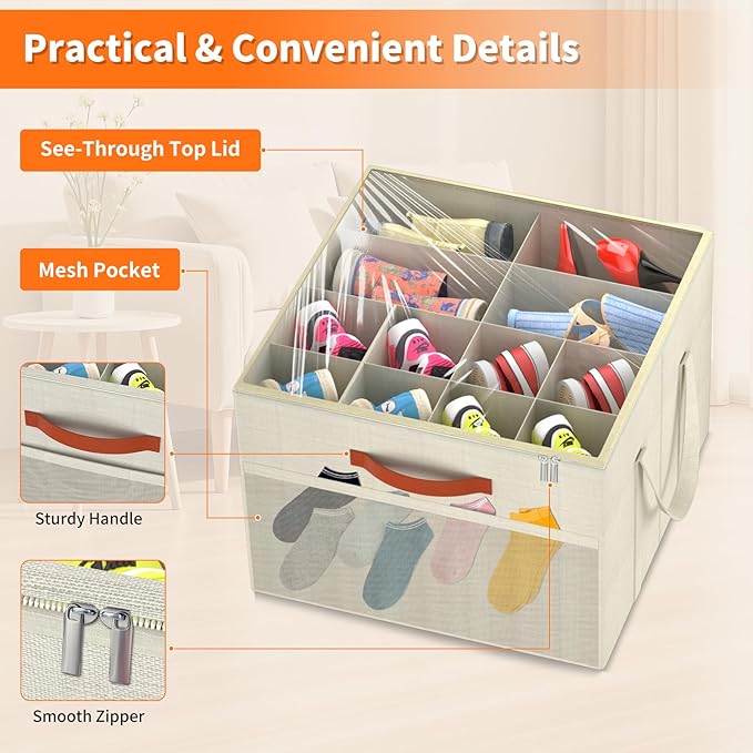 Aokeyee 2 Pack Shoe Organizer for Closet, Stackable Shoe Storage Box, Beige | Fits up to 32 Pairs, Space Saving, Foldable, Shoes Organizer Bin with Clear Cover, 4 Reinforced Handles