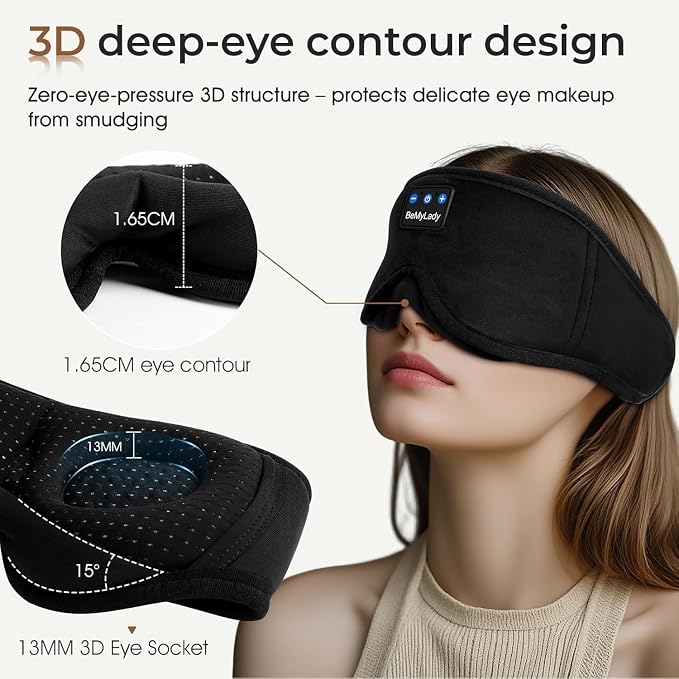 Sleep mask Headphones,100% Blackout 3D Zero Eye Pressure Bluetooth Sleep mask Breathable Eye mask with Bluetooth Headphones Sleep Headphones for Side Sleepers, 14H Playtime&Bluetooth 5.4 Black