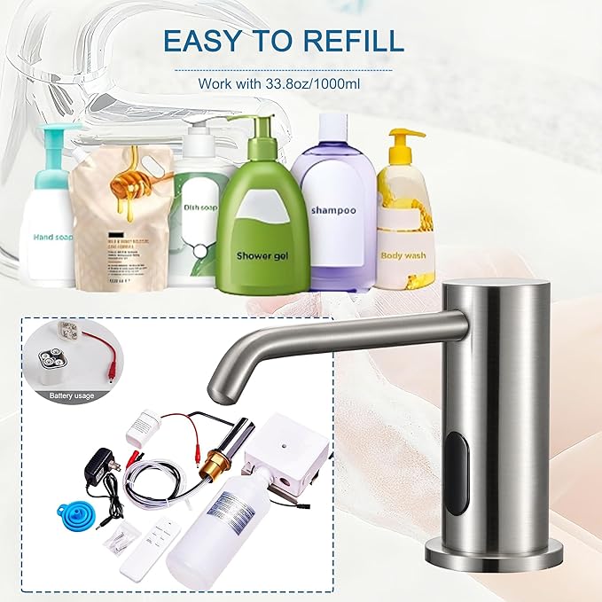 Automatic Soap Dispenser Touchless for Kitchen Bathroom Sink Built in Electric Soap Dispenser Infrared Sensors Liquid Commercial Dispenser with Bottle and Pump 33.81oz/1000ml (Brushed Nickel)