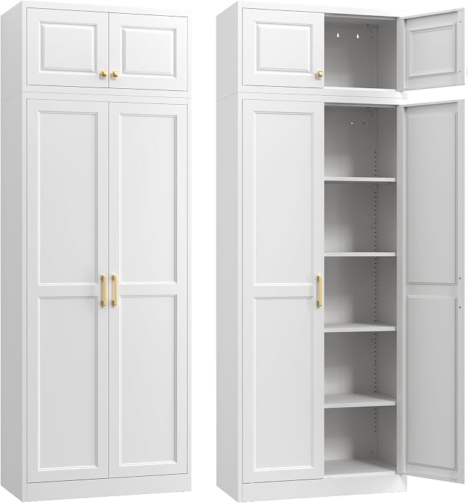Steeloong 86"Metal Pantry Storage Cabinet with Doors & 4 Adjustable Shelves | Kitchen Pantry Cabinet,White Kitchen Cabinet with 4 Gold Handles,Tall Cabinet for Livingroom,Pantry, Bathroom,Kitchen,Garage