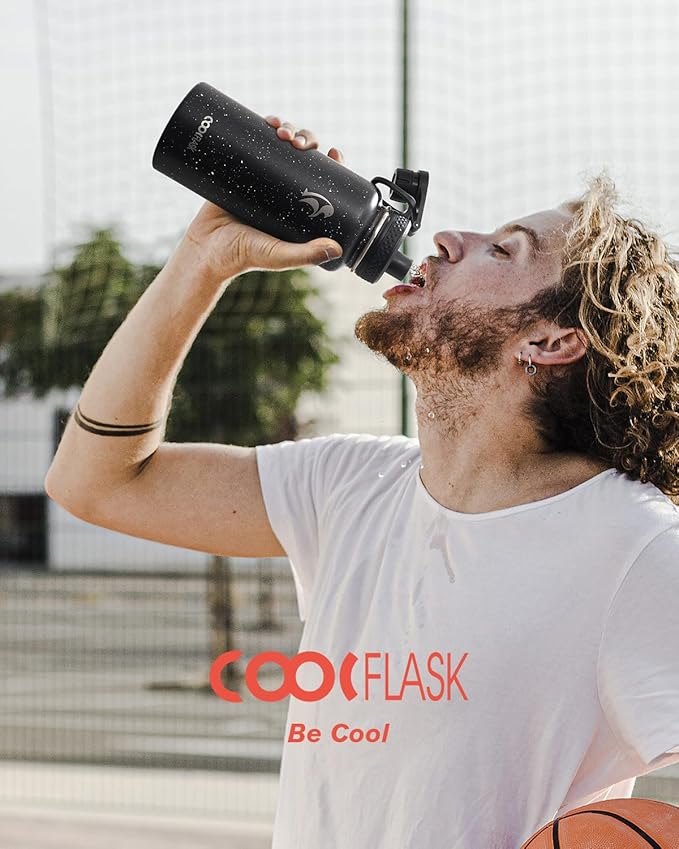 Coolflask Water Bottle 32 oz Insulated with Straw, Stainless Steel Metal 3 Lids Water Flask Wide Mouth for Sports or Office, Non-BPA Keep Cold Up to 48 Hrs or Hot Up to 24 Hrs, Starry Night