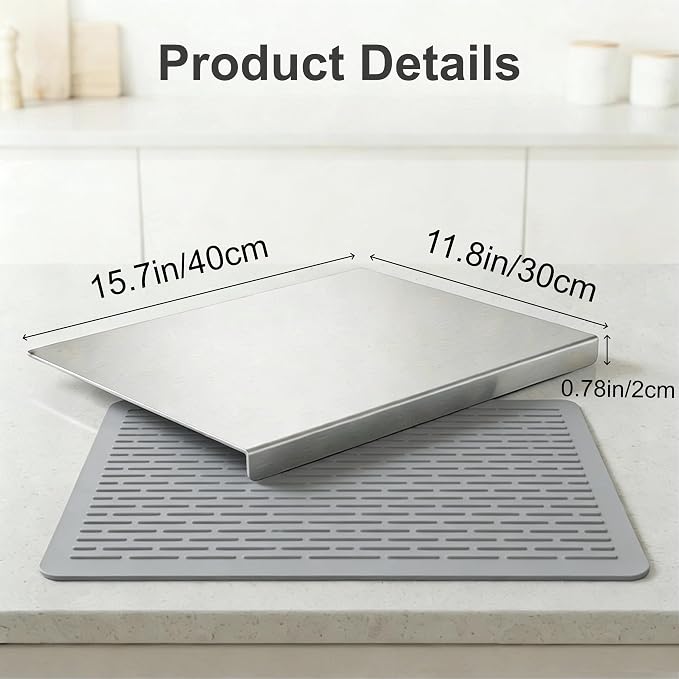 Stainless Steel Cutting Board with Lip and Non-Slip Mat (15.7 × 11.8 in) | Reversible Metal Cutting Board, L-Shaped Lip, Dishwasher Safe, for Meat, Fruit, Vegetables & Bread