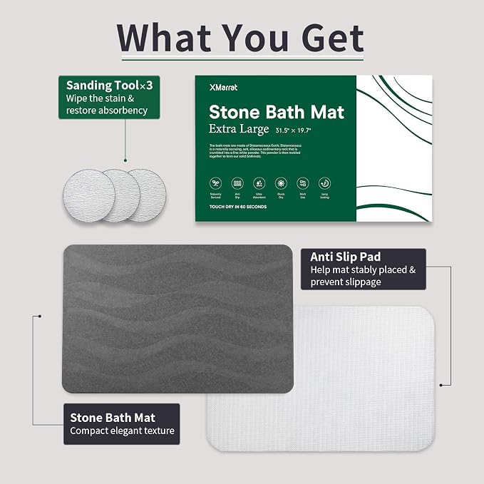 XMarrat Large Stone Bath Mat, 31.5'' x 19.7'' Super Absorbent Diatomaceous Earth Bath Mat Large, Quick Drying Non-Slip Diatomite Stone Bath Mats for Bathroom, Easy to Clean (Dark Gray)