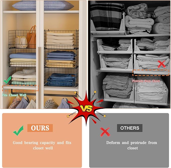 Yociyoga 6-Tier Stackable Closet Organizers and Storage Shelves, Closet Shelf Organizer Basket Bins, Foldable Sweater Storage for Clothes Organizer System, Black（Patent No. 30022416）