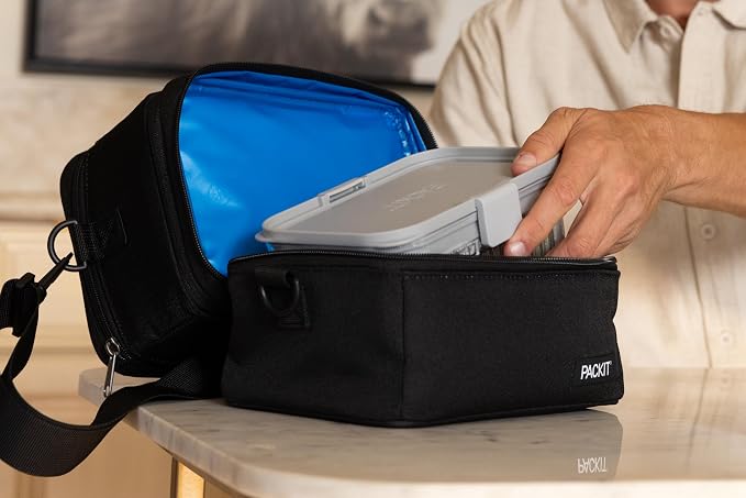 PackIt Mod 3-In-1 Lunch Box for Men and Women, Black with EcoFreeze Technology (Built-in Ice Packs), Removable Crossbody Strap, Designed for Outdoor, Work & Everyday Use