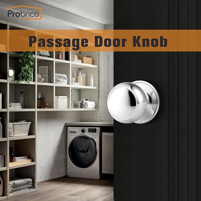 Probrico Polished Chrome Passage Door Knob, Interior Door Lock for Hallway Closet, Keyless Round Ball Knob Handle, No Locking, 1 Pack