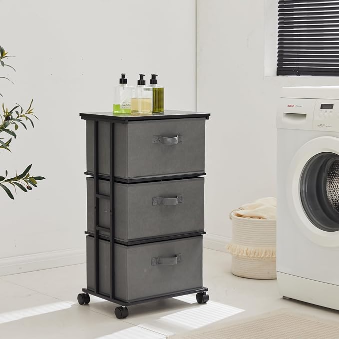 MAX Houser Dresser Tower with 3 Drawers, Grey | Fabric Storage Organizer Unit, Chest of Drawers with with WoodTop, Small Vertical Storage for Guest Room, Closet, Entryway