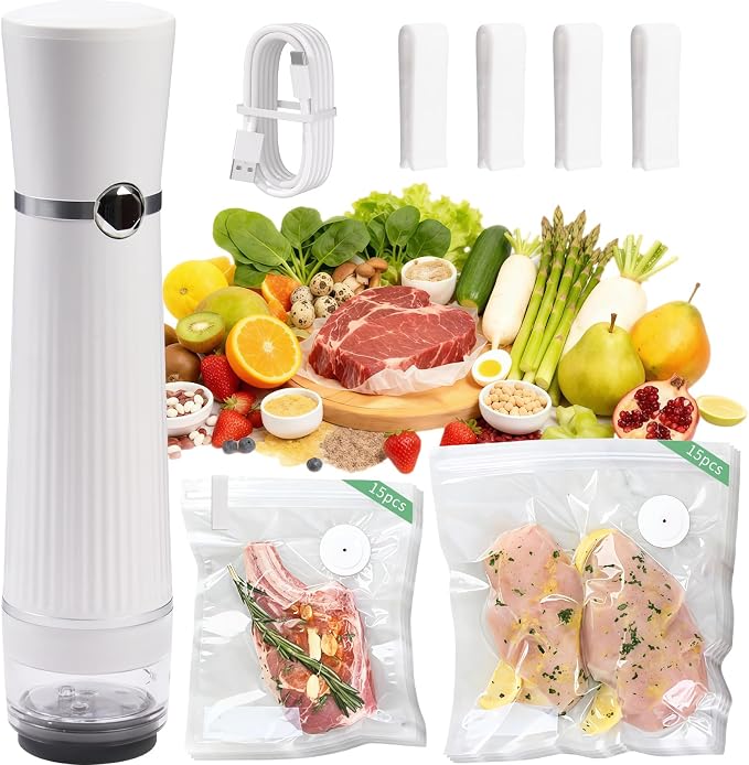 Handheld Vacuum Sealer, Detachable & Easy to Clean, Includes 30 Reusable Bags, Portable Food Saver, Extends Freshness 10x, Auto Power Off, for Kitchen, Travel & Outdoor