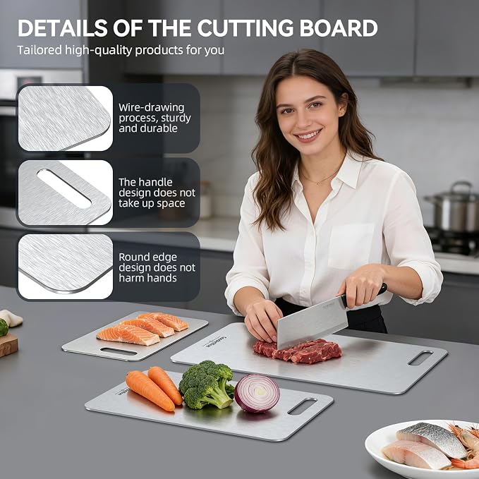 100% Pure Titanium Cutting Board for Kitchen Double-Sided Non-Toxic Titanium Cutting Board with Handle, Dishwasher Safe Chopping Board for Meat, Vegetables & Fruits, Cutting Board Set in S/M/L Sizes