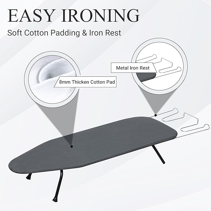 ZOES HOMEWARE Metal Mesh Panel Tabletop Ironing Board | Foldable Iron Board | Heavy Duty Small Iron Board with Heat Resistant Cover and 100% Cotton 8mm Thicken Pad | 31.5"x11.8"x6.2"