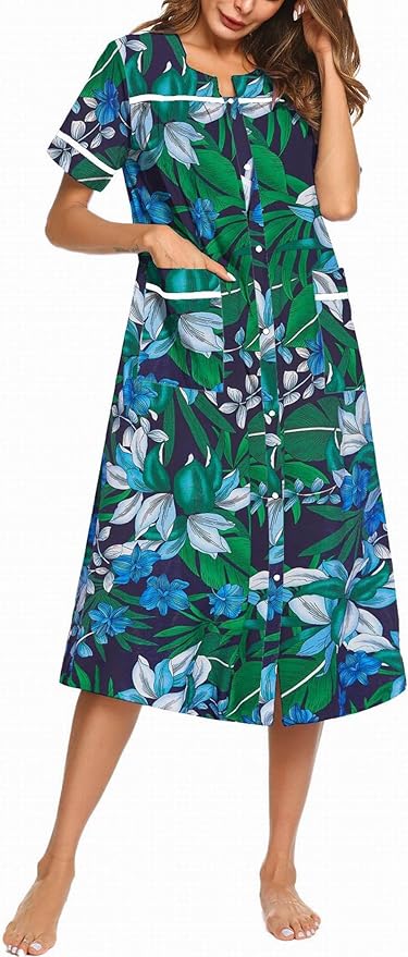 Ekouaer Womens Snap Front Dusters Cotton Housecoat Short Sleeve Nightgown House Dress With Pockets