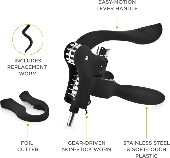 True Virtuoso Easy Lever Corkscrew Wine Opener Manual, Stainless Steel Corkscrew Wine Opener with Foil Cutter and Ergonomic Soft Touch Handle, Black