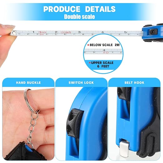 Kigeli 50 Pcs 6ft/2 Meter Mini Measuring Tape Keychains Small Measure Keychain Bulk Set Functional Mini Retractable Measuring Tape Keychains with Slide Lock for Engineer Crafter(Blue)
