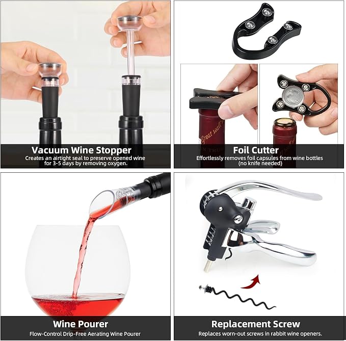Wine Opener, Rabbit Corkscrew with Luxury Gift Box, Premium 5-Piece Set, Includes Wine Stopper, Foil Cutter, Wine Pourer, Quick and Easy Cork Extraction for Wine Lovers (Futura Silver)