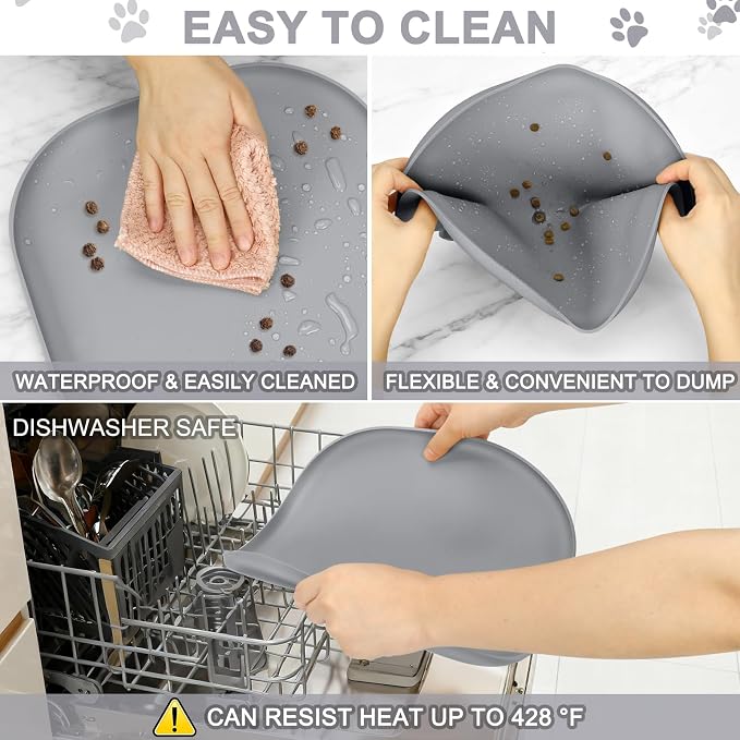 SMILOOL Waterproof Silicone Pet Food Mat with Raised Edge for Dog & Cat | 12" x 12" Non-Slip Small Pet Feeding Mats with Lip for Food & Water Bowl, Food Grade, Easy Cleaning, Light Gray
