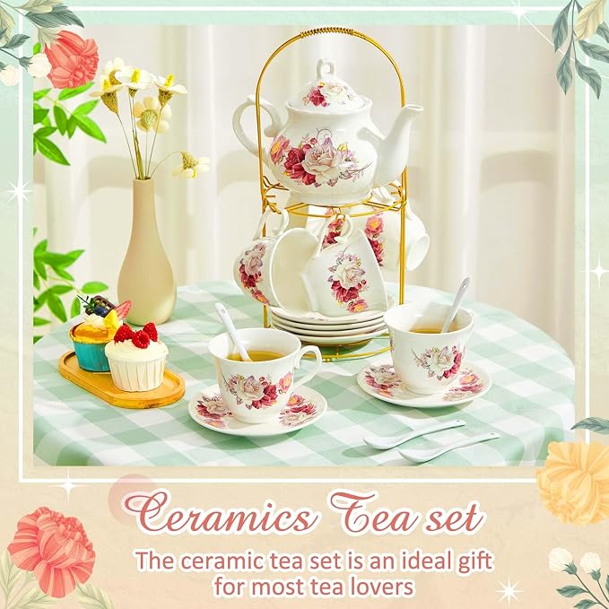Zhehao 20 Pcs Porcelain Tea Set with Metal Holder and Spoon Adult Ceramic Tea Set European Flower Painting Teapot Cup Saucer Spoon for Women Mom Gift, Large Version (Grace Style)