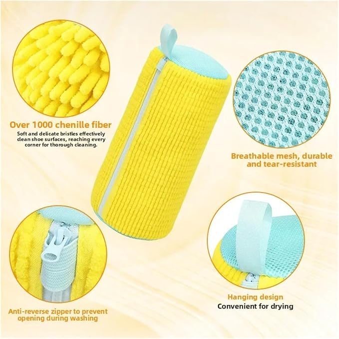 1/4PCS Shoe Washing Bag Washing Machine Laundry Bags Microfiber Closure Shoes Cleaning Bag Shoes Laundry Net Fluffy Fibers(2PCS-grey- yellow)