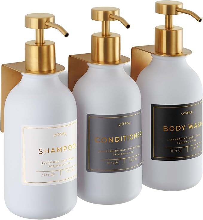 Shower Shampoo Dispenser Wall Mounted – 3 Refillable 16.9 oz White Bottles with Stainless Steel Pumps & No-Drill Adhesive Holders – Soap Dispenser Set for Bathroom (3 X White/Gold)