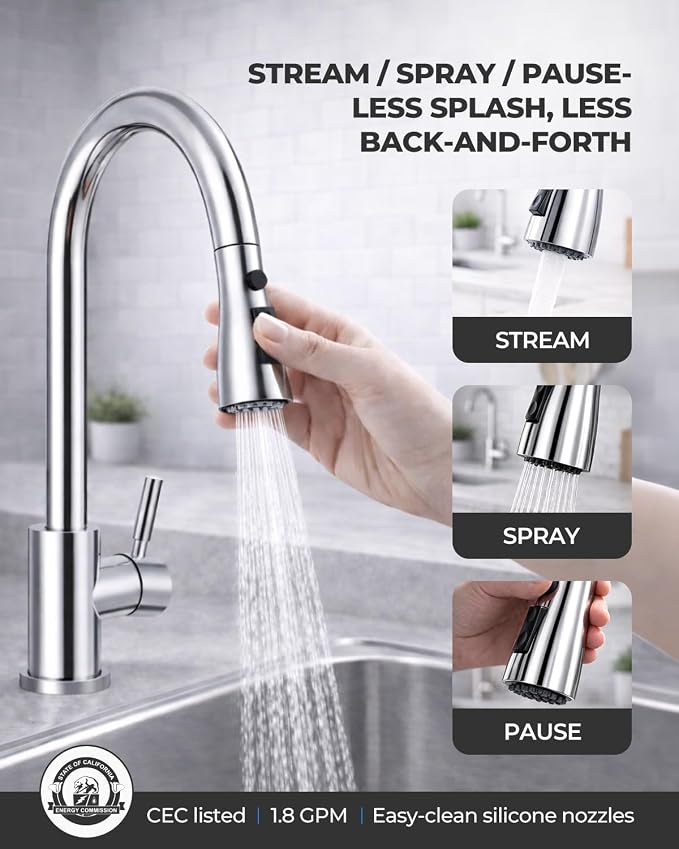 WEWE Kitchen Faucets with Pull Down Sprayer, Stainless Steel Single Handle 1 Hole for Family Kitchen Commercial Camper Laundry Rv Bar, Polished Chrome