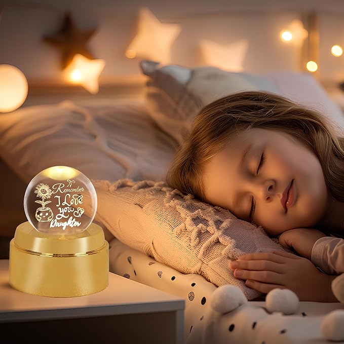 ZHSHWAT Gifts for Daughter,Engraved Crystal Ball Night Light with Rotating Glowing Base - Sunflower Design, USB Powered Decor, Ideal Christmas Birthday Daughter Gifts from Mom Dad