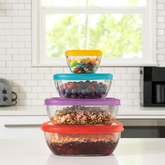 Libbey Serve It Glass Storage Bowls Set of 8 Stackable 2, 6, 8, 12.5 Cup Food Storage Containers with Sung Fit Lids, Glass Bowls Set for Snacks, Leftover or Meal Prep