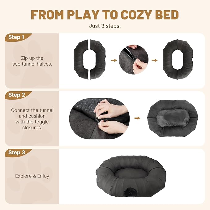 Extra Large Cat Tunnel, Cooling Natural Linen Big Tunnel for Large Cats, 47.2in Multi-Cat Family Long Cat Tunnel Bed with Washable Mat, Breathable & Durable Big Cat Tunnel for Cats, Dark Grey