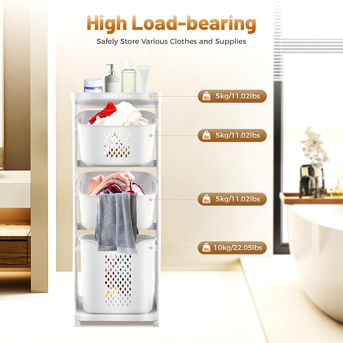3 Tier Rolling Laundry Hamper Large Capacity Clothes Storage Basket Sorter Cart,White Organizer Shelf with Handle,Household Utility Basket for Bathroom Bedroom Kitchen Laundry Room