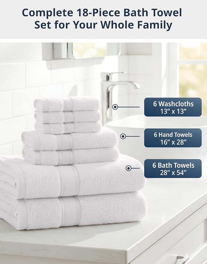 LANE LINEN Bath Towel Set 100% Cotton 18 Piece Soft Absorbent - White | Shower Towels - Generously Sized, Oversized & Roomy, Lightweight & Breathable, Fade-Resistant Color, Classic Terry Weave