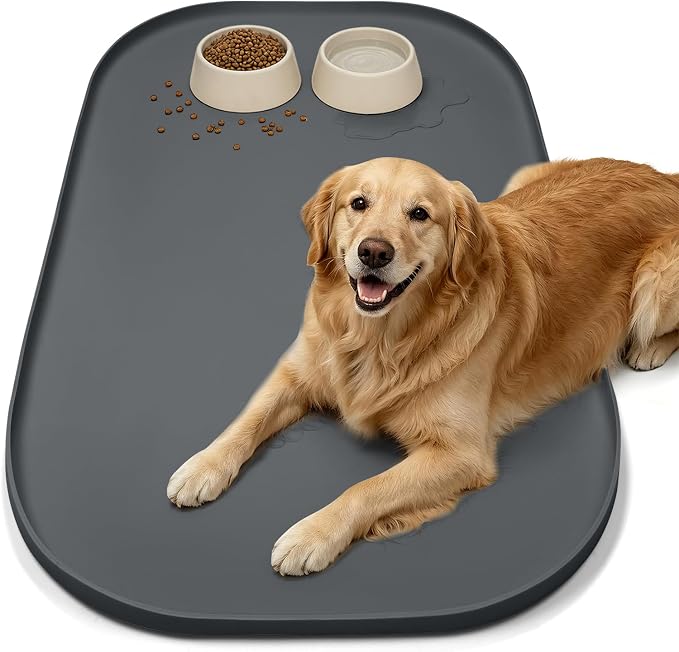 SMILOOL Waterproof Silicone Pet Food Mat with Raised Edge for Dog & Cat | 36" x 24" Non-Slip Large Pet Feeding Mats with Lip for Food & Water Bowl, Food Grade, Easy Cleaning, Dark Gray