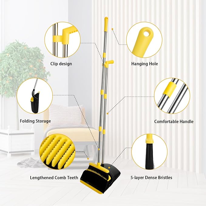 Broom and Dustpan Set, Long Handle Lightweight Dustpans with Broom Combo for Home, Indoor&Outdoor Sweeping for Home Room Kitchen Office Lobby (Black Yellow)